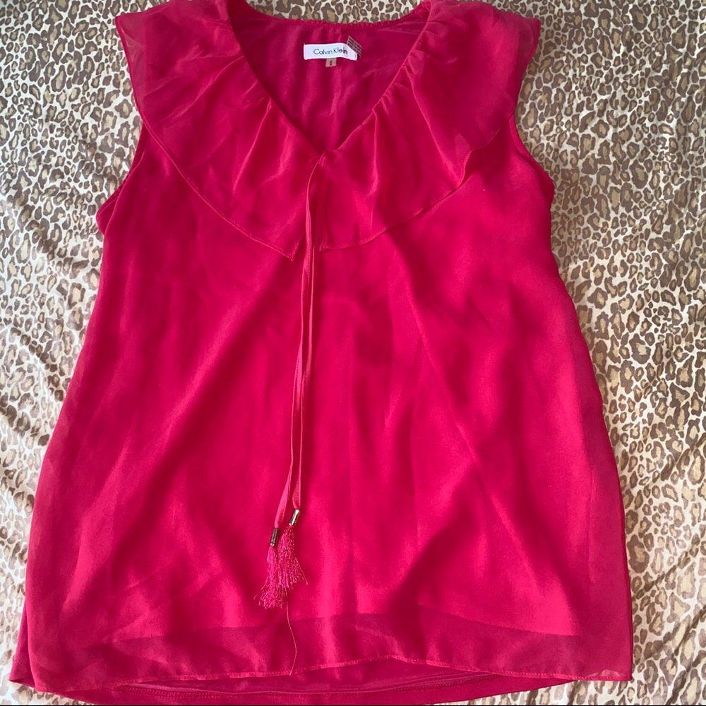 Calvin Klein Hot Pink V-Neck Blouse with Ruffles
